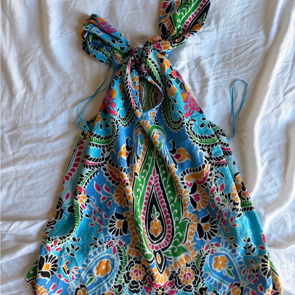 Zara Turquoise Multicolor Paisley Halter Top with Keyhole